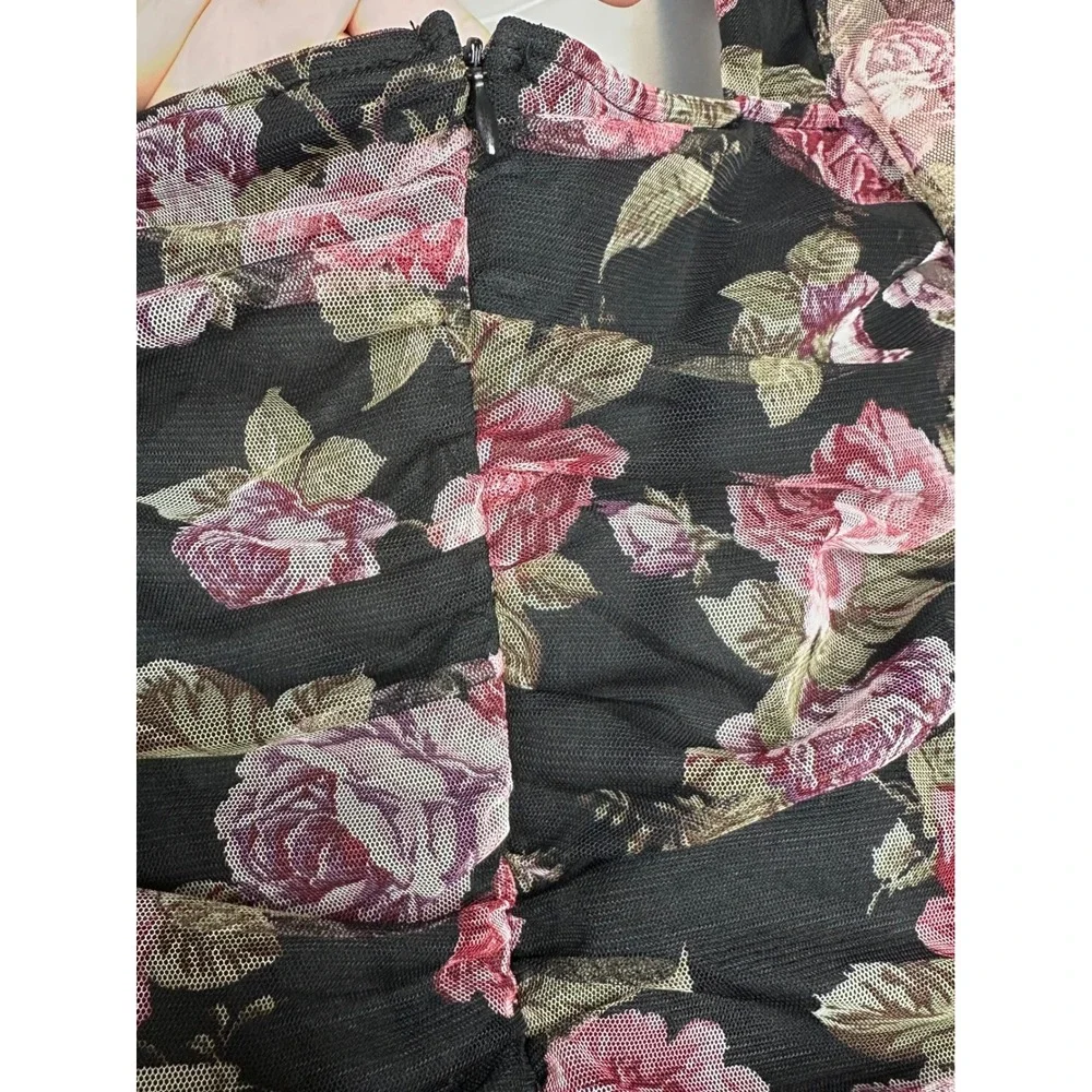IRIS Floral Black Mini Dress Sweetheart Neckline‎ Ruched Puff Sleeve M Fairycore